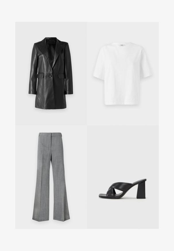 STUDIO ID Leather jacket - nappa black; White short-sleeve t-shirt made from cotton, featuring a crew neckline and a loose, boxy fit with minimal stitching details.; Gray, wide-legged trousers made from textured fabric, featuring a smooth waistband and a subtle pinstripe pattern.; MAX&Co. SOHO - High heeled sandals - schwarz
