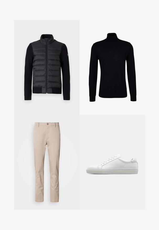 Black zip-up jacket with quilted front panel and knitted sleeves, featuring side pockets and a small logo patch on the left arm.; Black turtleneck sweater in a smooth knit fabric. Features long sleeves, a fitted neck, and ribbed cuffs and hem for a snug fit.; Beige cotton chinos with a straight fit, belt loops, a single front button, and a smooth, untextured surface. No pockets are visible.; White sneaker with a smooth leather upper and a low profile. Features a rounded toe, six eyelets, and a textured rubber sole.