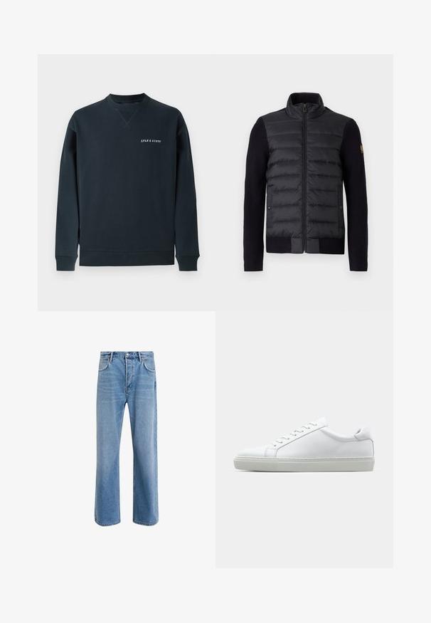 Juodas zip-up džemperis su siuvinėtu priekiu ir megztais rankovėmis, su šoniniais kišenėmis ir mažu logotipu kairėje rankovėje.; Tamsiai mėlynas medvilninis džemperis su apvalia iškirpte, guminėmis rankovėmis ir apačia. Krūtinėje yra baltas "LYLE & SCOTT" logotipas. Neskaldytas tekstūra.; Šviesiai mėlyni džinsai su tiesiu kirpimu, penkios kišenės, mygtuko užsegimas, minimalus blukimas ir kontrastingi siuvimo detalės.; Baltas sportinis batelis su lygiu odiniu paviršiumi ir žemu profiliu. Turi suapvalintą pirštą, šešis akių skyrius ir tekstūruotą gumos padą.
