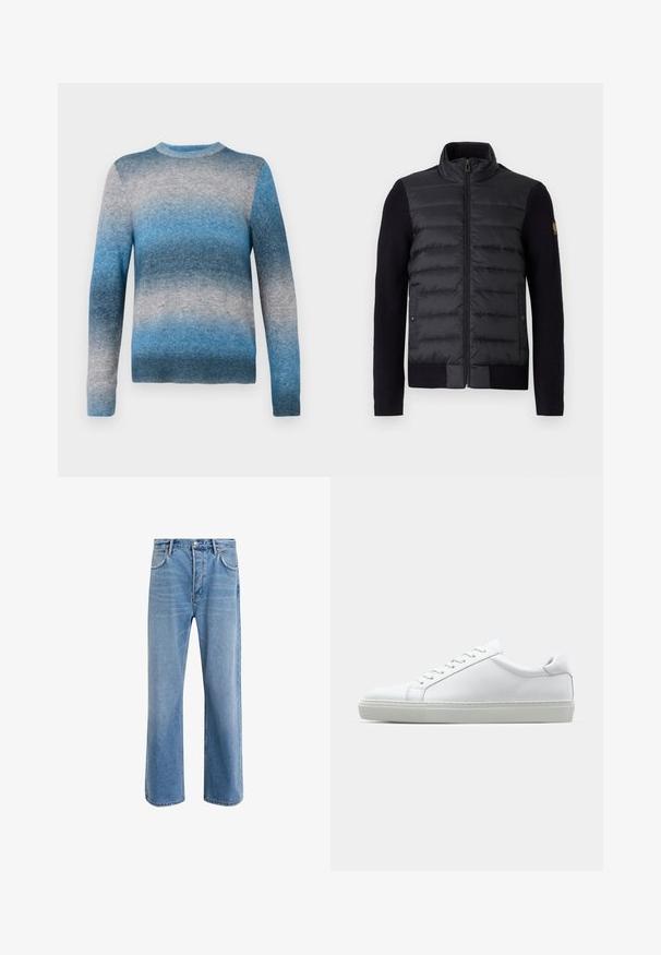 Giacca nera con zipper, pannello frontale trapuntato e maniche in maglia, dotata di tasche laterali e un piccolo patch con logo sul braccio sinistro.; Maglione con gradiente blu realizzato in morbido materiale, dotato di colletto girocollo, maniche lunghe e orlo a coste. I colori vanno dal blu chiaro al blu scuro.; Jeans in denim blu chiaro con design a gamba dritta, cinque tasche, chiusura con bottone, leggero sbiadimento e dettagli di cucitura a contrasto.; Sneaker bianco con tomaia in pelle liscia e profilo basso. Presenta una punta arrotondata, sei occhielli e una suola in gomma testurizzata.