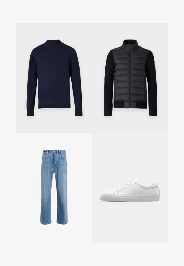 Black zip-up jacket with quilted front panel and knitted sleeves, featuring side pockets and a small logo patch on the left arm.; Navy knit sweater with a high neck, long sleeves, and ribbed cuffs. Features a subtle brand logo on the chest. Smooth texture.; Light blue denim jeans with a straight-leg design, five pockets, button closure, minimal fading, and contrasting stitching details.; White sneaker with a smooth leather upper and a low profile. Features a rounded toe, six eyelets, and a textured rubber sole.