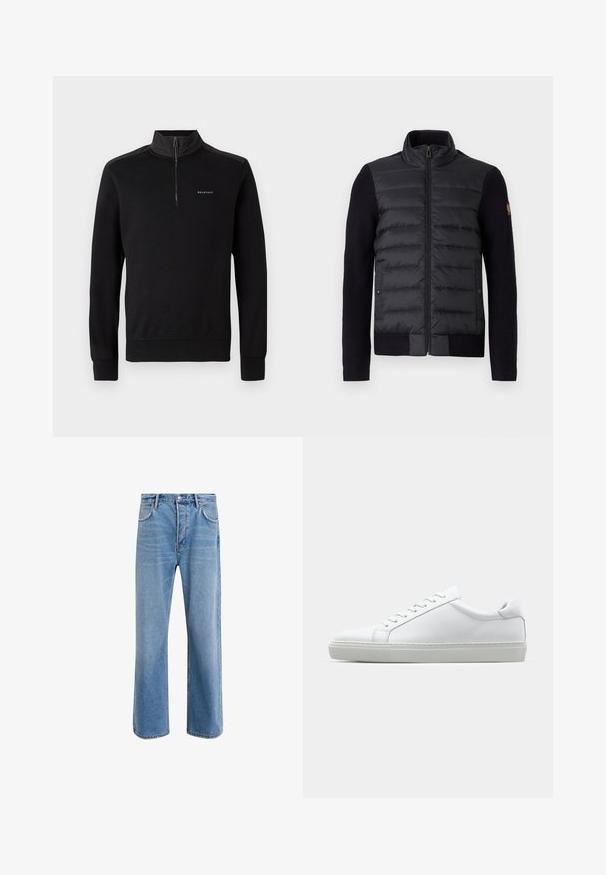 Melns zip-up džemperis ar kviltotu priekšējā paneļa un adītiem piedurknēm, ar sānu kabatām un mazu logo uzlīmi uz kreisā roka.; Melnā sporta krekls ar pusi uzvelkamiem apkakli, garām piedurknēm un logotipu uz krūtīm. Tam ir gluda tekstūra un pieguļoši aproces.; Gai zilas džinsu bikses ar taisnām kājām, piecām kabatām, pogu aizvēršanu, minimālu izbalēšanu un kontrastējošiem šuvju elementiem.; Baltie sporta apavi ar gludu ādas virsu un zemu profilu. Iezīmējas ar noapaļotu purngalu, sešām acīm un teksturētu gumijas zoli.