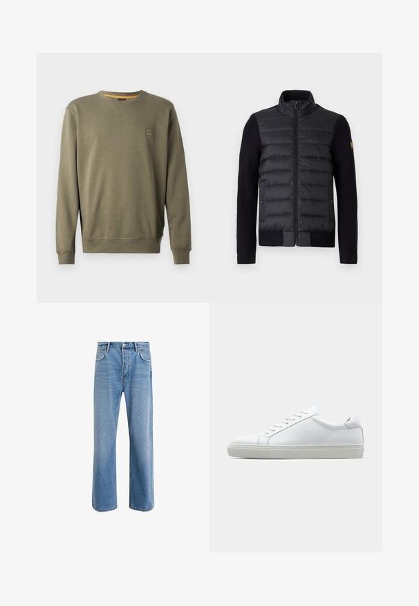 Jachetă neagră cu fermoar, panou frontal matlasat și mâneci tricotate, având buzunare laterale și o mică etichetă cu logo pe brațul stâng.; Pulover verde măsliniu dintr-un amestec moale de bumbac, având un guler tip crew, manșete ribbrate și un mic patch cu logo pe piept.; Jeans din denim bleu deschis cu un design drept, cinci buzunare, închidere cu buton, decolorare minimă și detalii de cusătură în contrast.; Adidași albi cu o suprafață din piele netedă și un profil jos. Au un vârf rotunjit, șase orificii pentru șireturi și o talpă din cauciuc texturată.