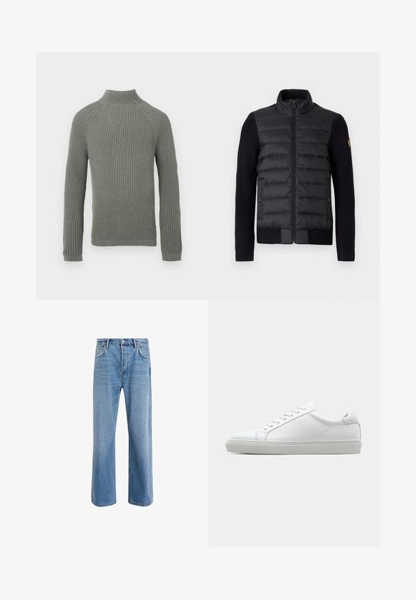 Black zip-up jacket with quilted front panel and knitted sleeves, featuring side pockets and a small logo patch on the left arm.; Ribbed knit sweater in light green with a high collar, long sleeves, and a fitted design. The texture is soft and slightly stretchy.; Light blue denim jeans with a straight-leg design, five pockets, button closure, minimal fading, and contrasting stitching details.; White sneaker with a smooth leather upper and a low profile. Features a rounded toe, six eyelets, and a textured rubber sole.