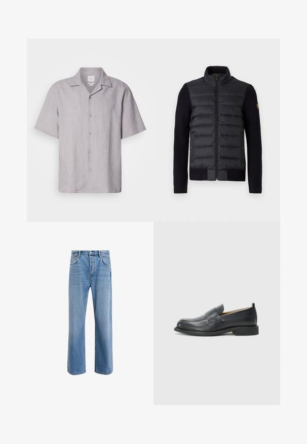 Černá zipová bunda s prošívanou přední částí a pletenými rukávy, vybavená bočními kapsami a malou nášivkou s logem na levém rukávu.; Krátký rukáv, světle šedá lněná košile s reverzním límcem, pěti knoflíky vpředu a hladkým, texturovaným materiálem.; Světle modré džínové kalhoty s rovnými nohavicemi, pěti kapsami, zapínáním na knoflík, minimálním vyblednutím a kontrastním prošitím.; Černé kožené mokasíny s hladkým povrchem, plochou podrážkou a zaoblenou špičkou, zdobené páskem přes svršek.