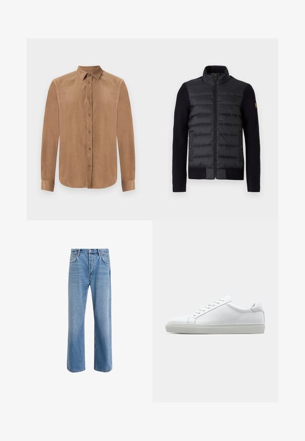 Black zip-up jacket with quilted front panel and knitted sleeves, featuring side pockets and a small logo patch on the left arm.; Brown, long-sleeve button-up shirt in soft fabric, featuring a classic collar and front button closure. Smooth texture with a straight cut.; Light blue denim jeans with a straight-leg design, five pockets, button closure, minimal fading, and contrasting stitching details.; White sneaker with a smooth leather upper and a low profile. Features a rounded toe, six eyelets, and a textured rubber sole.