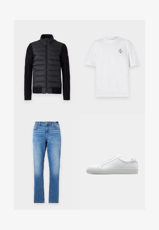 Jachetă neagră cu fermoar, panou frontal matlasat și mâneci tricotate, având buzunare laterale și o mică etichetă cu logo pe brațul stâng.; Tricou alb din bumbac cu o croială lejeră, având un mic logo grafic negru în zona stângă a pieptului. Mâneci scurte, stil guler rotund.; Jeans din denim de un albastru deschis, cu o croială dreaptă, design cu cinci buzunare, închidere frontală cu buton și decolorare subtilă pe coapse.; Adidași albi cu o suprafață din piele netedă și un profil jos. Au un vârf rotunjit, șase orificii pentru șireturi și o talpă din cauciuc texturată.