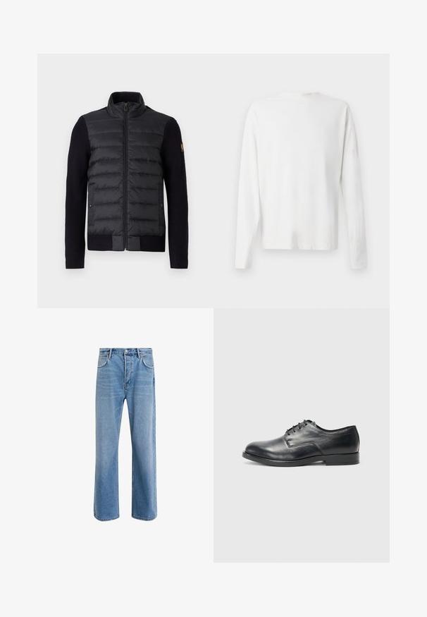 Veste zippée noire avec un panneau avant matelassé et des manches en tricot, comportant des poches latérales et un petit patch logo sur le bras gauche.; Chemise en coton blanc à manches longues avec un col rond, fentes latérales en bas et une texture lisse, présentée de dos.; Jeans en denim bleu clair avec une coupe droite, cinq poches, fermeture à bouton, peu d'usure et des détails de couture contrastés.; Chaussure habillée en cuir noir avec un bout arrondi, une semelle plate et six œillets pour les lacets ; texture lisse et design minimaliste.