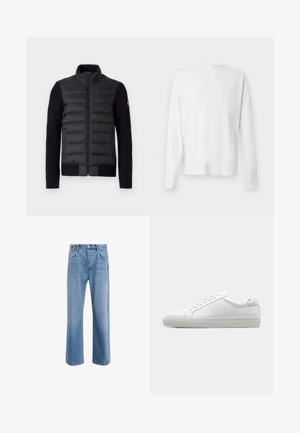 Casaco preto com fecho zip, painel frontal acolchoado e mangas de malha, com bolsos laterais e um pequeno emblema no braço esquerdo.; Camisa de algodão branca de mangas longas com decote redondo, fendas laterais na parte inferior e uma textura suave, mostrada de trás.; Calças de ganga azul claro com um design de perna reta, cinco bolsos, fecho de botão, desgaste mínimo e detalhes de costura em contraste.; Sapatilha branca com um cabedal em couro liso e de perfil baixo. Apresenta um bico redondo, seis ilhoses e uma sola de borracha texturizada.