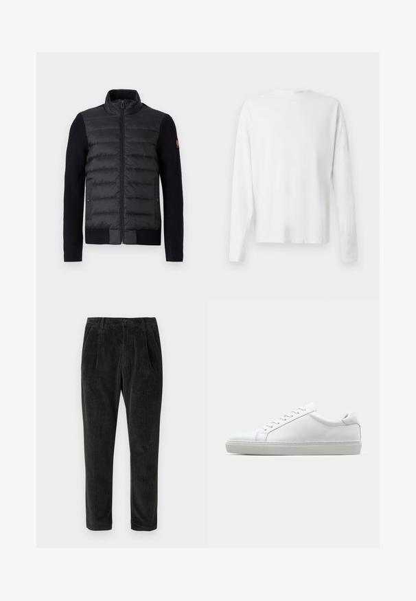 Black zip-up jacket with quilted front panel and knitted sleeves, featuring side pockets and a small logo patch on the left arm.; Long-sleeved white cotton shirt with a round neckline, side slits at the bottom, and a smooth texture, displayed from the back.; Corduroy trousers in dark grey, featuring vertical ribbing, a button closure, and side pockets with a tapered fit. Soft texture.; White sneaker with a smooth leather upper and a low profile. Features a rounded toe, six eyelets, and a textured rubber sole.