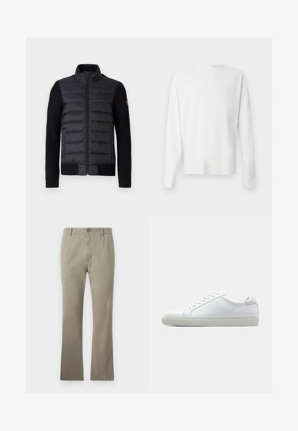 Fekete zipzáras dzseki steppelt elülső panellel és kötött ujjal, oldalzsebekkel és egy kis logóval a bal karon.; Hosszú ujjú fehér pamut ing kerek nyakkivágással, az alján oldalsó hasítékokkal és sima textúrával, hátulról bemutatva.; Beige színű, egyenes szabású pamut nadrág, gombos záródással, övhurkokkal és enyhén strukturált felülettel, alkalmas hétköznapi viseletre.; Fehér sportcipő sima bőr felső résszel és alacsony profilsal. Kerek orr, hat fűzőlyuk és barázdált gumitalp jellemzi.