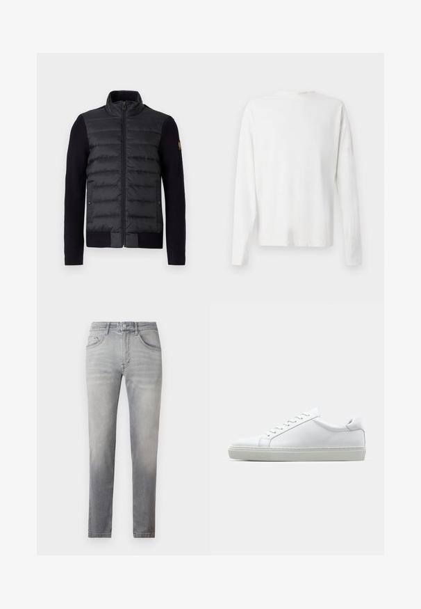 Svart zip-up jacka med kviltad frampanel och stickade ärmar, med sidofickor och en liten logotyp på vänstra ärmen.; Vit långärmad skjorta i bomull med rund halsringning, sidofickor längst ner och en slät yta, visad bakifrån.; Grå denimjeans med smal passform, med medelhög midja, fem fickor och subtila urtvättning genom hela byxorna. Klassisk söm längs sömmarna.; Vit sneaker med en slät läderövre och låg profil. Har en rundad tå, sex snörhål och en strukturerad gummisula.