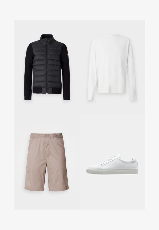 Černá zipová bunda s prošívanou přední částí a pletenými rukávy, vybavená bočními kapsami a malou nášivkou s logem na levém rukávu.; Bílá bavlněná košile s dlouhým rukávem a kulatým výstřihem, s bočními rozparky na spodní části a hladkým povrchem, vystavená zezadu.; Béžové šortky s elastickým pasem, hladkou texturou, střihem ke kolenům a bez viditelných vzorů nebo kovových detailů.; Bílé tenisky s hladkým koženým svrškem a nízkým profilem. Mají zaoblenou špičku, šest nýtů a texturovanou gumovou podrážku.
