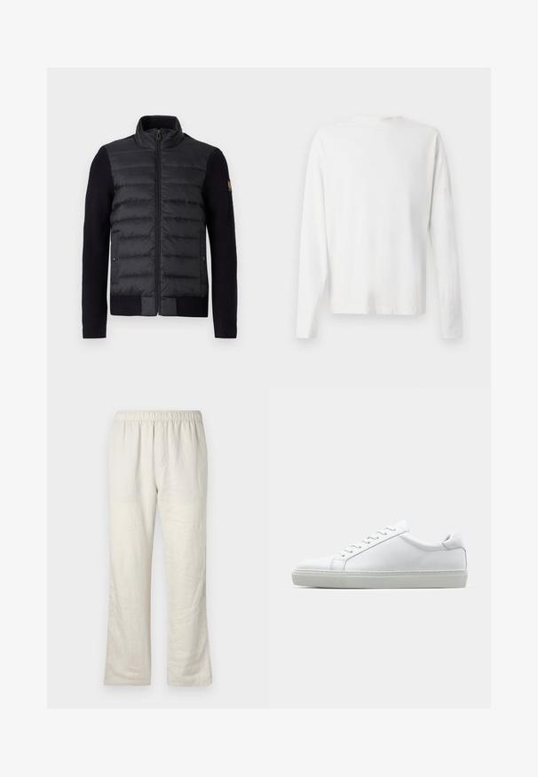 Melns zip-up džemperis ar kviltotu priekšējā paneļa un adītiem piedurknēm, ar sānu kabatām un mazu logo uzlīmi uz kreisā roka.; Garums piedurkņu baltā kokvilnas krekls ar apaļu dekoltē, sānu šķēlumiem apakšā un gludu tekstūru, redzams no aizmugures.; Bežīgas vieglās lina bikses ar elastīgu jostu, taisna piegrieze un bez redzamām kabatām vai aizdariem.; Baltie sporta apavi ar gludu ādas virsu un zemu profilu. Iezīmējas ar noapaļotu purngalu, sešām acīm un teksturētu gumijas zoli.