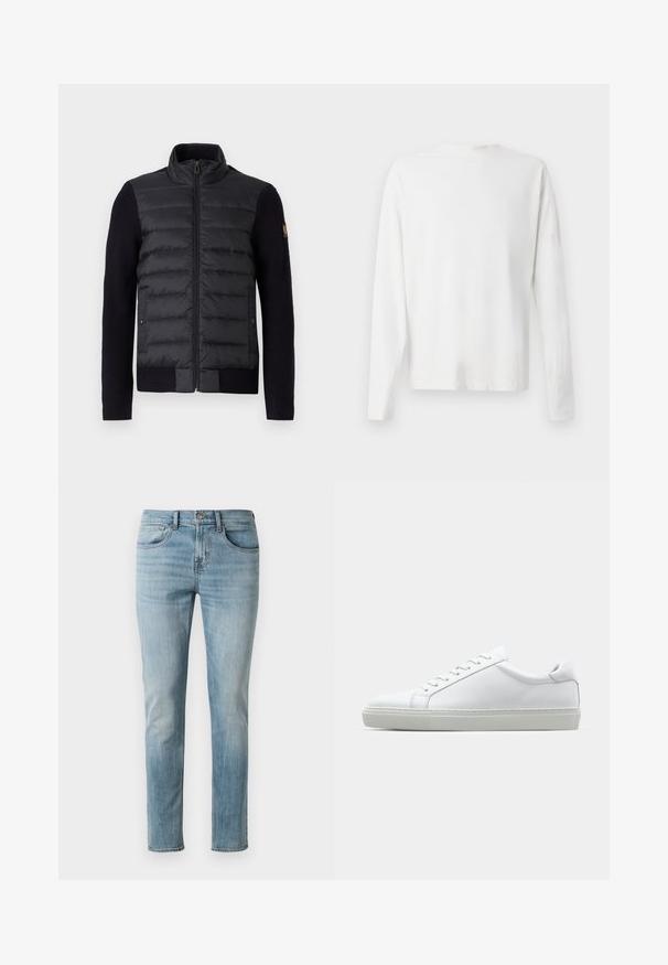 Zwarte zip-up jack met gewatteerd voorschut en gebreide mouwen, voorzien van zijzakken en een klein logopatch op de linkermouw.; Witte katoenen blouse met lange mouwen en een ronde halslijn, met zijsplitten aan de onderkant en een gladde textuur, vanuit de achterkant weergegeven.; Lichtblauwe jeans van katoen, met een slim fit, een vijf-pocket ontwerp, en een lichte vervaging met subtiele whiskerpatronen op de bovenbenen.; Witte sneaker met een gladlederen bovenwerk en een laag profiel. Voorzien van een ronde neus, zes vetergaatjes en een gestructureerde rubberen zool.