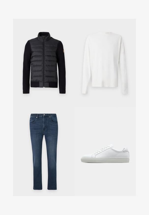 Zwarte zip-up jack met gewatteerd voorschut en gebreide mouwen, voorzien van zijzakken en een klein logopatch op de linkermouw.; Witte katoenen blouse met lange mouwen en een ronde halslijn, met zijsplitten aan de onderkant en een gladde textuur, vanuit de achterkant weergegeven.; Donkerblauwe slim-fit spijkerbroek met voor- en muntzakken, knoopsluiting en subtiele vervaging op de dijen.; Witte sneaker met een gladlederen bovenwerk en een laag profiel. Voorzien van een ronde neus, zes vetergaatjes en een gestructureerde rubberen zool.