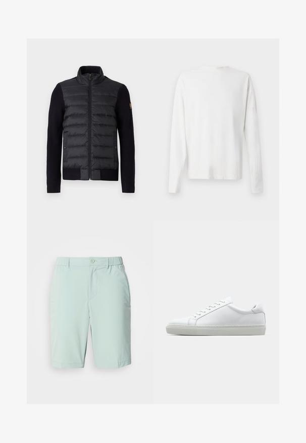 Chaqueta negra con cierre de cremallera y panel delantero acolchado, mangas de punto, con bolsillos laterales y un pequeño parche con el logo en el brazo izquierdo.; Camisa de algodón blanca de manga larga con cuello redondo, aberturas laterales en la parte inferior y una textura suave, exhibida desde la parte de atrás.; Pantalones cortos azul claro hechos de una tela suave, con cierre de botón, bolsillos frontales y una cinturilla cómoda sin patrones visibles.; Zapatilla blanca con parte superior de cuero liso y perfil bajo. Presenta una puntera redondeada, seis ojales y una suela de goma texturizada.