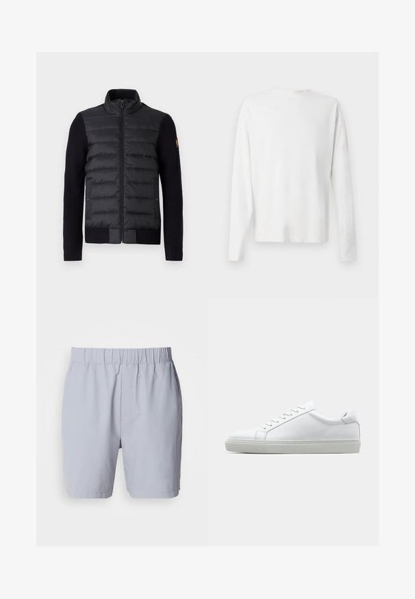 Mustan vetoketjullinen takki, jossa on tikattu etupaneeli ja neulosmateriaalista hihat. Takissa on sivutaskut ja pieni logo-patch vasemmassa hihassa.; Pitkähihaisesta valkoisesta puuvillapaidasta, jossa on pyöreä pääntie, sivuhaalareita alaosassa ja sileä pinta, näkyy takaa.; Vaaleanharmaat uimapuvut, joissa on elastinen vyötärö, kaksi sivutaskua ja sileä, kevyt kangas. Ei näkyviä kuvioita tai koristeita.; Valkoinen tennari, jossa on sileä nahkapäällinen ja matala profiili. Ominaisuuksiin kuuluu pyöreä kärki, kuusi rei'itystä ja teksturoitu kumipohja.