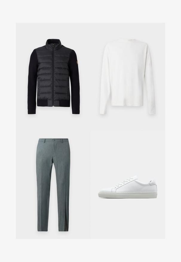 Black zip-up jacket with quilted front panel and knitted sleeves, featuring side pockets and a small logo patch on the left arm.; Long-sleeved white cotton shirt with a round neckline, side slits at the bottom, and a smooth texture, displayed from the back.; Slim-fit trousers in textured gray fabric with a flat front, button closure, and belt loops. Features a tailored design and straight legs.; White sneaker with a smooth leather upper and a low profile. Features a rounded toe, six eyelets, and a textured rubber sole.