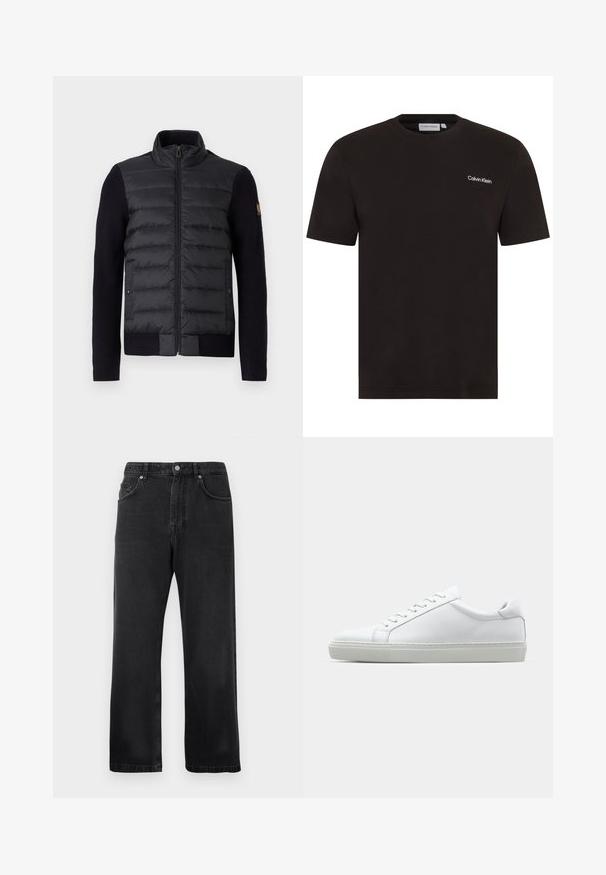 Jachetă neagră cu fermoar, panou frontal matlasat și mâneci tricotate, având buzunare laterale și o mică etichetă cu logo pe brațul stâng.; Cămașă scurtă neagră din bumbac. Are un guler rotund și un mic logo alb "Calvin Klein" pe partea stângă a pieptului.; Jeans negre cu croi drept, dotate cu buzunare frontale, bucle pentru curea și închidere cu un nasture, pe un fundal alb.; Adidași albi cu o suprafață din piele netedă și un profil jos. Au un vârf rotunjit, șase orificii pentru șireturi și o talpă din cauciuc texturată.