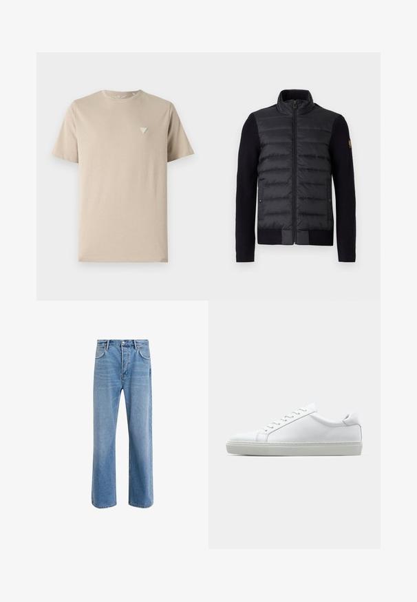 Crna zip jakna s kviltanim prednjim panelom i pletenim rukavima, s bočnim džepovima i malim logotipom na lijevoj ruci.; Bež pamučna majica s kratkim rukavima, okruglim izrezom i malim trokutašnim logotipom izvezenim na lijevoj strani prsnog koša. Glatka tekstura.; Svijetloplave traperice s ravnim nogavicama, pet džepova, zatvaranjem na gumb, minimalnim izbljeđivanjem i kontrastnim šavovima.; Bijela tenisica s glatkim kožnim gornjim dijelom i niskim profilom. Ima zaobljen vrh, šest rupica za vezanje i teksturiranu gumenu podlogu.