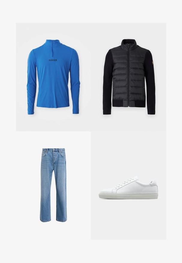 Black zip-up jacket with quilted front panel and knitted sleeves, featuring side pockets and a small logo patch on the left arm.; Long-sleeve, quarter-zip top in bright blue, featuring a smooth texture and the printed brand name "CALVIN KLEIN" in black on the front.; Light blue denim jeans with a straight-leg design, five pockets, button closure, minimal fading, and contrasting stitching details.; White sneaker with a smooth leather upper and a low profile. Features a rounded toe, six eyelets, and a textured rubber sole.