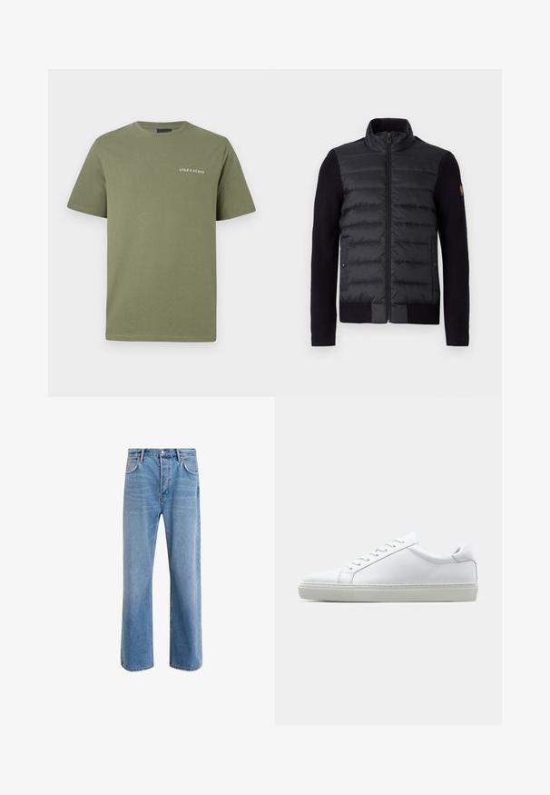Black zip-up jacket with quilted front panel and knitted sleeves, featuring side pockets and a small logo patch on the left arm.; Olive green cotton T-shirt with short sleeves and a round neckline. Features a white logo print on the left chest area. Smooth texture.; Light blue denim jeans with a straight-leg design, five pockets, button closure, minimal fading, and contrasting stitching details.; White sneaker with a smooth leather upper and a low profile. Features a rounded toe, six eyelets, and a textured rubber sole.