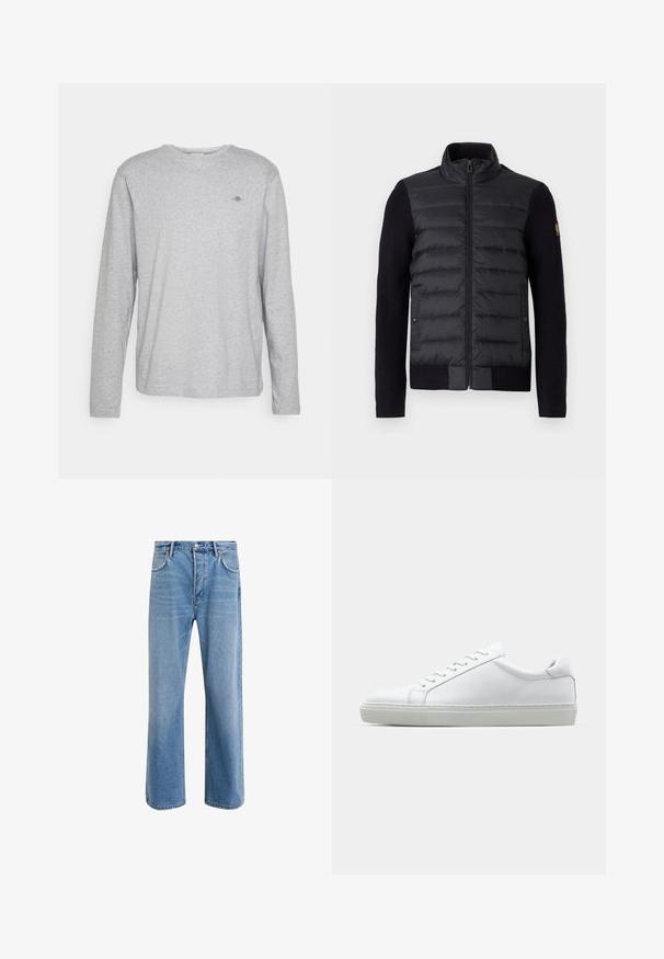 Jachetă neagră cu fermoar, panou frontal matlasat și mâneci tricotate, având buzunare laterale și o mică etichetă cu logo pe brațul stâng.; Tricou din bumbac gri cu mâneci lungi, guler rotund și un mic logo brodat pe piept. Textură moale și croi lejer.; Jeans din denim bleu deschis cu un design drept, cinci buzunare, închidere cu buton, decolorare minimă și detalii de cusătură în contrast.; Adidași albi cu o suprafață din piele netedă și un profil jos. Au un vârf rotunjit, șase orificii pentru șireturi și o talpă din cauciuc texturată.