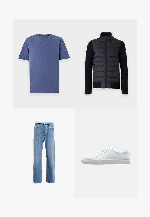 Mustan vetoketjullinen takki, jossa on tikattu etupaneeli ja neulosmateriaalista hihat. Takissa on sivutaskut ja pieni logo-patch vasemmassa hihassa.; T-paita tummansinisestä puuvillasta, lyhyet hihat. Ominaisuudet: pyöreä kaula-auko ja pieni valkoinen teksti rinnassa: "SAMSØE SAMSØE COPENHAGEN."; Vaaleansiniset farkut suoranlahkeisella muotoilulla, viisi taskua, nappisuljenta, vähäinen kuluminen ja kontrastiväriset ompeluyksityiskohdat.; Valkoinen tennari, jossa on sileä nahkapäällinen ja matala profiili. Ominaisuuksiin kuuluu pyöreä kärki, kuusi rei'itystä ja teksturoitu kumipohja.