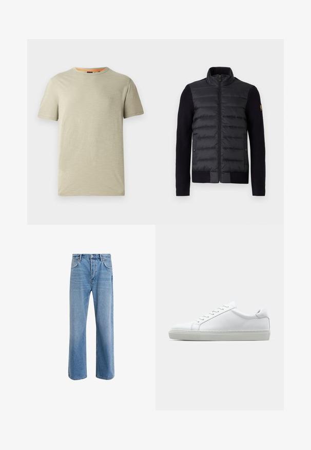 Juodas zip-up džemperis su siuvinėtu priekiu ir megztais rankovėmis, su šoniniais kišenėmis ir mažu logotipu kairėje rankovėje.; Šviesiai žalia trumpomis rankovėmis marškinėliai, pagaminti iš tekstūruotos medžiagos. Turi apvalią iškirptę ir mažą embosuotą "BOSS" logotipą krūtinėje.; Šviesiai mėlyni džinsai su tiesiu kirpimu, penkios kišenės, mygtuko užsegimas, minimalus blukimas ir kontrastingi siuvimo detalės.; Baltas sportinis batelis su lygiu odiniu paviršiumi ir žemu profiliu. Turi suapvalintą pirštą, šešis akių skyrius ir tekstūruotą gumos padą.