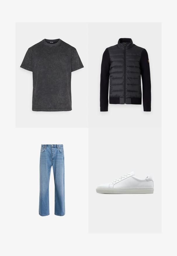 Must mustaga vaip, millel on tikitud eesmine paneel ja kudumisega varrukad, külgpockets ja väike logo plaastriga vasakul käel.; Must pakk mustast puuvillast T-särk pehme ja kulunud tekstuuriga. Lühikesed varrukad, ümara kaelusega ja õrn logo detail rinna piirkonnas. Tavaline lõige.; Heledad sinine teksapüksid otse lõikega, viie taskuga, nupuga sulgemine, minimaalne kulumine ja kontrastsed õmbluse detailid.; Valge tennisetoss, millel on sile nahk pealis ja madal profiil. Omab ümarat ninaosa, kuut silmust ja tekstuuriga kummist talda.