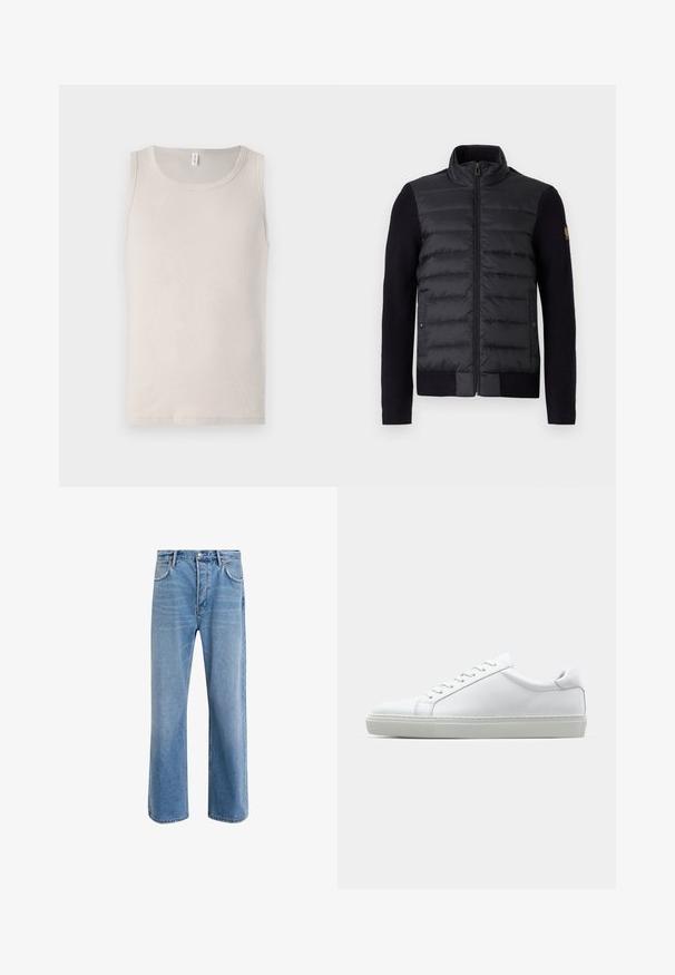 Veste zippée noire avec un panneau avant matelassé et des manches en tricot, comportant des poches latérales et un petit patch logo sur le bras gauche.; Débardeur beige clair en cotton doux, avec un encolure ronde et un design sans manches, affichant une texture lisse et côtelée.; Jeans en denim bleu clair avec une coupe droite, cinq poches, fermeture à bouton, peu d'usure et des détails de couture contrastés.; Sneaker blanche avec une tige en cuir lisse et un profil bas. Présente un bout arrondi, six œillets et une semelle en caoutchouc texturé.