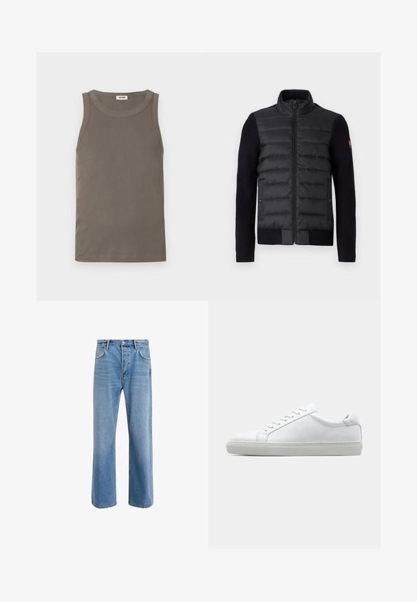 Black zip-up jacket with quilted front panel and knitted sleeves, featuring side pockets and a small logo patch on the left arm.; Light brown ribbed tank top with a round neckline, sleeveless design, and straight hem. Made from soft, stretchy fabric.; Light blue denim jeans with a straight-leg design, five pockets, button closure, minimal fading, and contrasting stitching details.; White sneaker with a smooth leather upper and a low profile. Features a rounded toe, six eyelets, and a textured rubber sole.