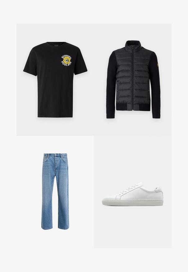 Juodas zip-up džemperis su siuvinėtu priekiu ir megztais rankovėmis, su šoniniais kišenėmis ir mažu logotipu kairėje rankovėje.; Juodas medvilninis marškinėliai su trumpomis rankovėmis, kuriuose yra geltonos saulėgrąžos grafika ir tekstas "SUNNIES POOL BAR" kairėje krūtinės pusėje.; Šviesiai mėlyni džinsai su tiesiu kirpimu, penkios kišenės, mygtuko užsegimas, minimalus blukimas ir kontrastingi siuvimo detalės.; Baltas sportinis batelis su lygiu odiniu paviršiumi ir žemu profiliu. Turi suapvalintą pirštą, šešis akių skyrius ir tekstūruotą gumos padą.