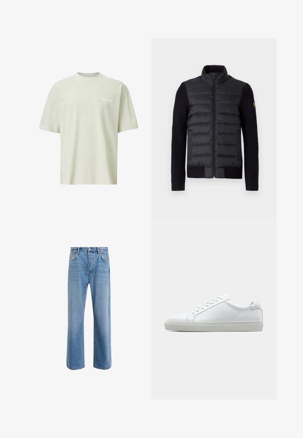 Mustan vetoketjullinen takki, jossa on tikattu etupaneeli ja neulosmateriaalista hihat. Takissa on sivutaskut ja pieni logo-patch vasemmassa hihassa.; Vaaleanvihreä puuvillapaita lyhyillä hihoilla, pyöreällä kaula-aukolla ja pienellä valkoisella logolla vasemmassa rinnassa; rento istuvuus.; Vaaleansiniset farkut suoranlahkeisella muotoilulla, viisi taskua, nappisuljenta, vähäinen kuluminen ja kontrastiväriset ompeluyksityiskohdat.; Valkoinen tennari, jossa on sileä nahkapäällinen ja matala profiili. Ominaisuuksiin kuuluu pyöreä kärki, kuusi rei'itystä ja teksturoitu kumipohja.