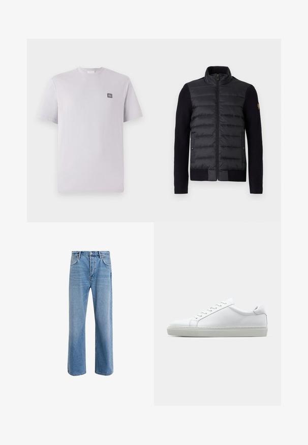 Črna zip-jakna z quiltano sprednjo ploščo in pletenimi rokavi, z stranskimi žepi in majhnim logotipom na levem rokavu.; Svetlo sivolavanda kratka majica s kratkimi rokavi iz bombaža, okroglega ovratnika in majhno temno logotipno nalepko na levem prsnem delu. Gladka tekstura.; Svetlo modre denim kavbojke s ravno nogavico, petimi žepi, z gumbom za zapiranje, minimalnim zbledelostjo in kontrastnimi šivi.; Bela športna obutev z gladkim usnjenim zgornjim delom in nizkim profilom. Ima zaokrožen nos, šest lukenj za vezalke in teksturiran gumijast podplat.