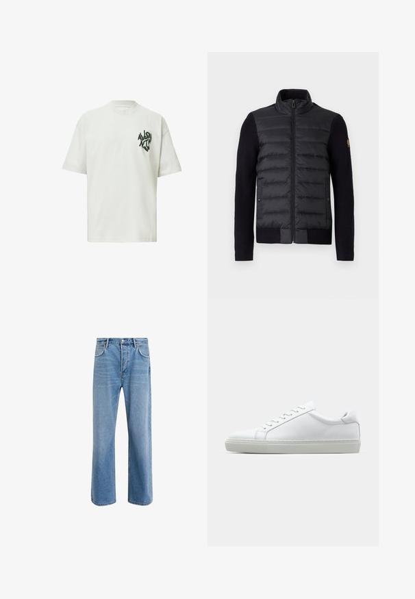 Jachetă neagră cu fermoar, panou frontal matlasat și mâneci tricotate, având buzunare laterale și o mică etichetă cu logo pe brațul stâng.; Tricou alb supradimensionat cu mâneci scurte și text distorsionat negru care spune "AllSaints London" în zona stângă a pieptului.; Jeans din denim bleu deschis cu un design drept, cinci buzunare, închidere cu buton, decolorare minimă și detalii de cusătură în contrast.; Adidași albi cu o suprafață din piele netedă și un profil jos. Au un vârf rotunjit, șase orificii pentru șireturi și o talpă din cauciuc texturată.