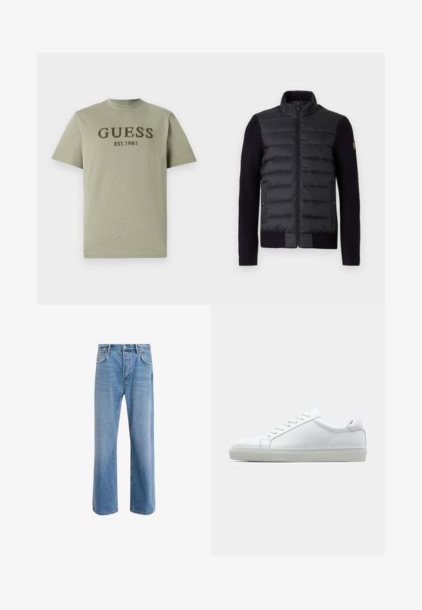 Black zip-up jacket with quilted front panel and knitted sleeves, featuring side pockets and a small logo patch on the left arm.; Olive green cotton t-shirt featuring a round neck and short sleeves, with "GUESS EST. 1981" embroidered in dark green across the chest.; Light blue denim jeans with a straight-leg design, five pockets, button closure, minimal fading, and contrasting stitching details.; White sneaker with a smooth leather upper and a low profile. Features a rounded toe, six eyelets, and a textured rubber sole.