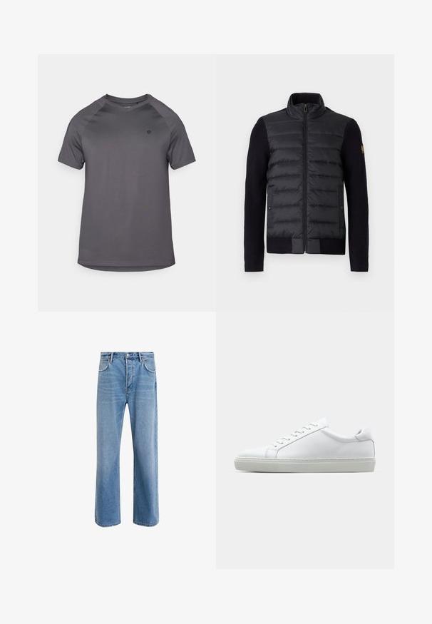 Czarna kurtka zapinana na suwak z pikowanym przednim panelem i dzianinowymi rękawami, z bocznymi kieszeniami i małą naszywką z logo na lewym ramieniu.; Szara koszulka sportowa z okrągłym dekoltem, krótkimi rękawami raglanowymi i gładką fakturą, z logo po lewej stronie.; Jasnoniebieskie dżinsy o prostym kroju, pięć kieszeni, zapięcie na guzik, minimalne blaknięcia i kontrastowe wykończenia szwów.; Białe sneakersy z gładką skórzaną cholewką i niskim profilem. Posiadają okrągły nos, sześć dziurek na sznurówki oraz teksturowaną gumową podeszwę.