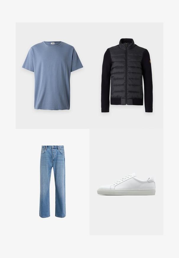 Μαύρο φερμουάρ μπουφάν με επενδυμένο μπροστινό πάνελ και πλεκτά μανίκια, διαθέτοντας πλαϊνές τσέπες και μια μικρή ραφή λογότυπου στο αριστερό μανίκι.; Μπλε βαμβακερό μπλουζάκι με κοντά μανίκια, στρογγυλή λαιμόκοψη και άνετη εφαρμογή. Λείος υφασμάτινος χαρακτήρας, χωρίς ορατά σχέδια ή διακοσμητικά στοιχεία.; Ανοιχτό μπλε τζιν παντελόνι με ευθεία γραμμή, πέντε τσέπες, κλείσιμο με κουμπί, ελάχιστη φθορά και αντίθετες ραφές.; Λευκό αθλητικό παπούτσι με άνω μέρος από λείο δέρμα και χαμηλό προφίλ. Διαθέτει στρογγυλεμένη μύτη, έξι τρυπούλες και υφασμένη καουτσούκ σόλα.