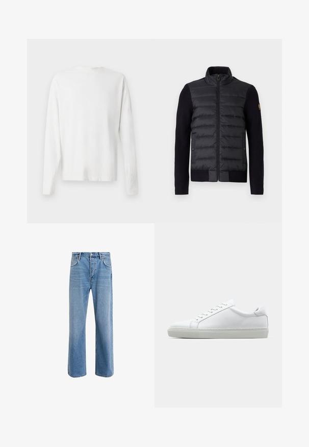 Schwarze Zip-Up-Jacke mit gestepptem Vorderteil und gestrickten Ärmeln, ausgestattet mit Seitentaschen und einem kleinen Logo-Patch am linken Arm.; Langärmliges weißes Baumwollhemd mit rundem Ausschnitt, seitlichen Schlitzen am unteren Rand und glatter Textur, von hinten präsentiert.; Helle blaue Jeans im Geradeschnitt-Design, mit fünf Taschen, Knopfverschluss, minimaler Ausbleichung und kontrastierenden Nähdetails.; Weißer Sneaker mit glattem Lederobermaterial und niedrigem Profil. Verfügt über eine runde Zehenpartie, sechs Ösen und eine strukturierte Gummisohle.