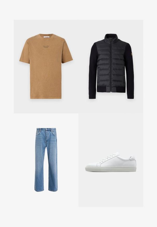 Black zip-up jacket with quilted front panel and knitted sleeves, featuring side pockets and a small logo patch on the left arm.; Brown cotton t-shirt with a crew neckline, short sleeves, and black text reading "SAMSE SAMSE COPENHAGEN" on the front.; Light blue denim jeans with a straight-leg design, five pockets, button closure, minimal fading, and contrasting stitching details.; White sneaker with a smooth leather upper and a low profile. Features a rounded toe, six eyelets, and a textured rubber sole.
