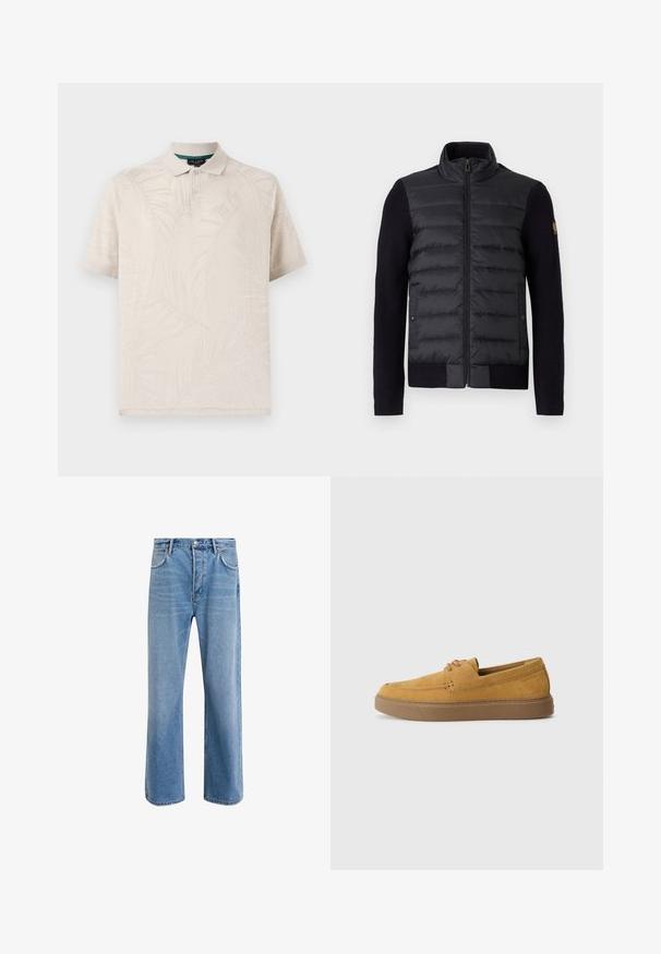 Fekete zipzáras dzseki steppelt elülső panellel és kötött ujjal, oldalzsebekkel és egy kis logóval a bal karon.; Beige színű póló, texturált anyagból, diszkrét pálmalevél mintával. Klasszikus gallérral és két gombbal a nyaknál.; Világoskék farmernadrág, egyenes szárú fazonnal, öt zsebbel, gombos záródással, minimális kopással és kontrasztos varrással.; Barna velúr slip-on cipők, texturált felülettel, kerek orral és kontrasztos gumi talppal. Finom márkajelzés található a sarok közelében.