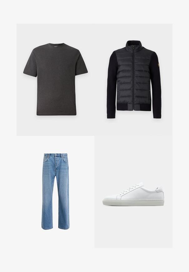 Black zip-up jacket with quilted front panel and knitted sleeves, featuring side pockets and a small logo patch on the left arm.; Gray short-sleeve t-shirt made of a soft, lightweight fabric with a crew neckline and minimal seams. Suitable for casual wear.; Light blue denim jeans with a straight-leg design, five pockets, button closure, minimal fading, and contrasting stitching details.; White sneaker with a smooth leather upper and a low profile. Features a rounded toe, six eyelets, and a textured rubber sole.