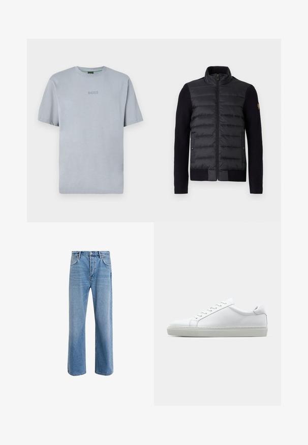 Juodas zip-up džemperis su siuvinėtu priekiu ir megztais rankovėmis, su šoniniais kišenėmis ir mažu logotipu kairėje rankovėje.; Šviesiai mėlynas trumpomis rankovėmis marškinėliai, pagaminti iš minkštos medžiagos su apvalia iškirpte. Puošia išsiuvinėtas „BOSS“ logotipas ant krūtinės.; Šviesiai mėlyni džinsai su tiesiu kirpimu, penkios kišenės, mygtuko užsegimas, minimalus blukimas ir kontrastingi siuvimo detalės.; Baltas sportinis batelis su lygiu odiniu paviršiumi ir žemu profiliu. Turi suapvalintą pirštą, šešis akių skyrius ir tekstūruotą gumos padą.