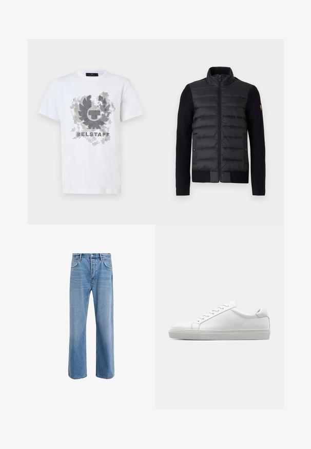 Černá zipová bunda s prošívanou přední částí a pletenými rukávy, vybavená bočními kapsami a malou nášivkou s logem na levém rukávu.; Bílý tričko s krátkým rukávem s pixelovaným černým a šedým vavřínovým věncem a grafickým textem "BELSTAFF" na přední straně.; Světle modré džínové kalhoty s rovnými nohavicemi, pěti kapsami, zapínáním na knoflík, minimálním vyblednutím a kontrastním prošitím.; Bílé tenisky s hladkým koženým svrškem a nízkým profilem. Mají zaoblenou špičku, šest nýtů a texturovanou gumovou podrážku.
