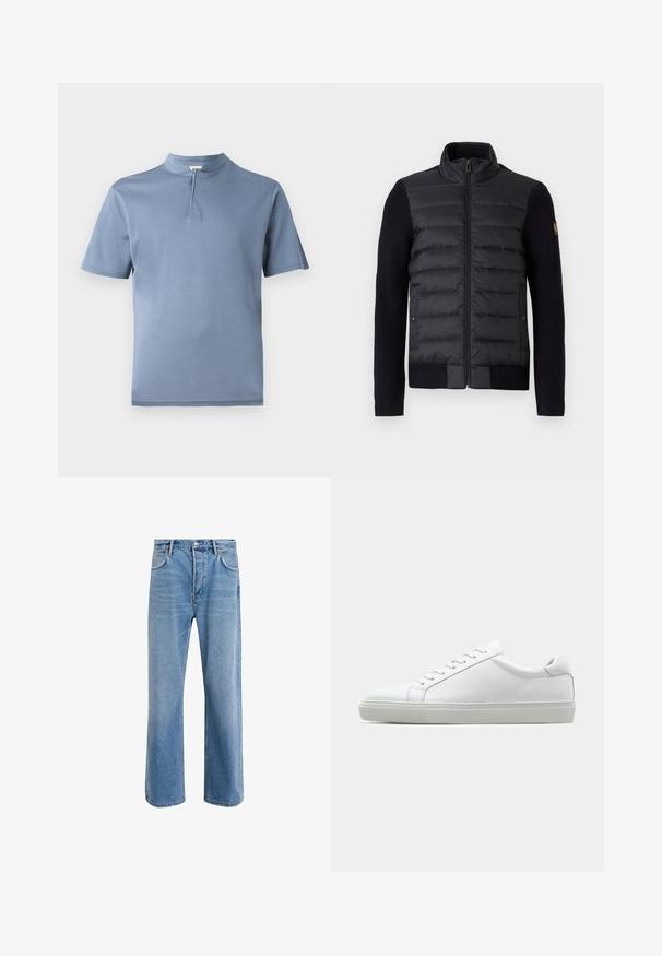 Mustan vetoketjullinen takki, jossa on tikattu etupaneeli ja neulosmateriaalista hihat. Takissa on sivutaskut ja pieni logo-patch vasemmassa hihassa.; Lyhytnihainen paita vaaleansinisestä kankaasta, jossa on puolipainike ja kauluspanta, sekä sileä pinta ja kiltit linjat.; Vaaleansiniset farkut suoranlahkeisella muotoilulla, viisi taskua, nappisuljenta, vähäinen kuluminen ja kontrastiväriset ompeluyksityiskohdat.; Valkoinen tennari, jossa on sileä nahkapäällinen ja matala profiili. Ominaisuuksiin kuuluu pyöreä kärki, kuusi rei'itystä ja teksturoitu kumipohja.