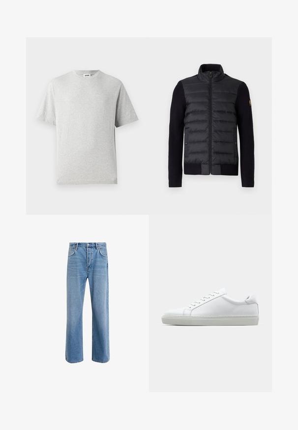 Black zip-up jacket with quilted front panel and knitted sleeves, featuring side pockets and a small logo patch on the left arm.; Gray short-sleeve t-shirt made of soft fabric. Features a crew neck, relaxed fit, and no patterns or logos. Smooth texture throughout.; Light blue denim jeans with a straight-leg design, five pockets, button closure, minimal fading, and contrasting stitching details.; White sneaker with a smooth leather upper and a low profile. Features a rounded toe, six eyelets, and a textured rubber sole.