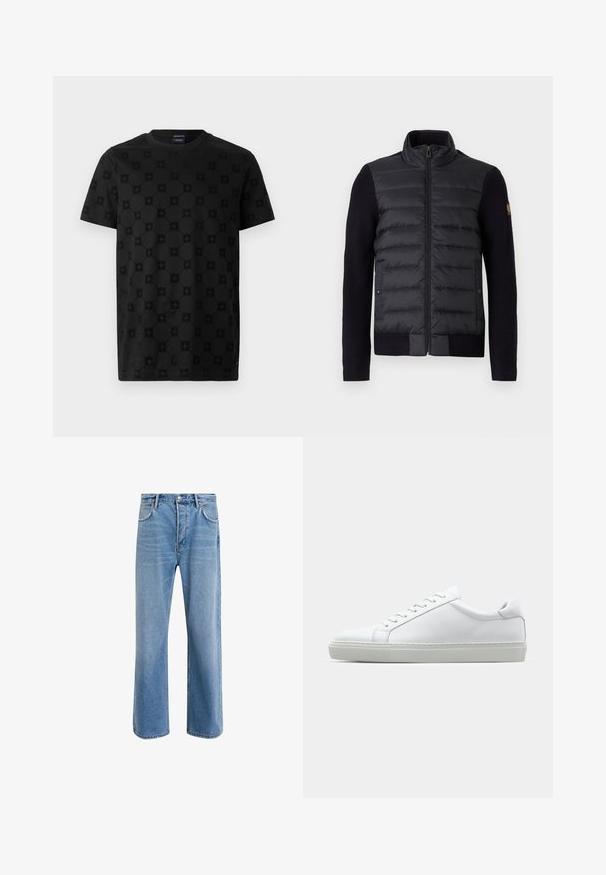 Schwarze Zip-Up-Jacke mit gestepptem Vorderteil und gestrickten Ärmeln, ausgestattet mit Seitentaschen und einem kleinen Logo-Patch am linken Arm.; Schwarzes T-Shirt mit einem strukturierten Muster aus Kreisen und floralen Formen, kurzen Ärmeln und rundem Halsausschnitt. Aus weichem Baumwollmaterial gefertigt.; Helle blaue Jeans im Geradeschnitt-Design, mit fünf Taschen, Knopfverschluss, minimaler Ausbleichung und kontrastierenden Nähdetails.; Weißer Sneaker mit glattem Lederobermaterial und niedrigem Profil. Verfügt über eine runde Zehenpartie, sechs Ösen und eine strukturierte Gummisohle.