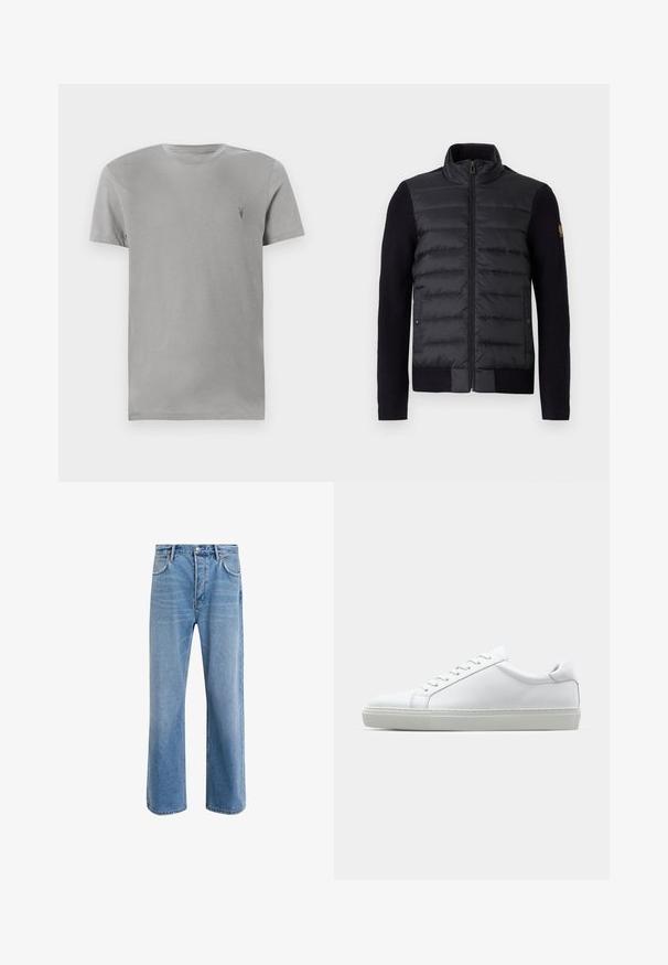 Čierna bunda na zips s prešívanou prednou časťou a pletenými rukávmi, obsahuje bočné vrecká a malú nášivku s logom na ľavom rukáve.; Sivá bavlnená tričko s okrúhlym výstrihom a krátkymi rukávmi. Obsahuje malé tmavé logo na hornej ľavej strane. Klasický strih, hladká textúra.; Svetlo modré denimové džínsy so strihom rovného nohu, päť vreciek, zapínanie na gombík, minimálne vyblednutie a kontrastné švy.; Biele tenisky s hladkým koženým zvrškom a nízkym profilom. Majú zaoblenú špičku, šesť očiek a štruktúrovanú gumovú podrážku.